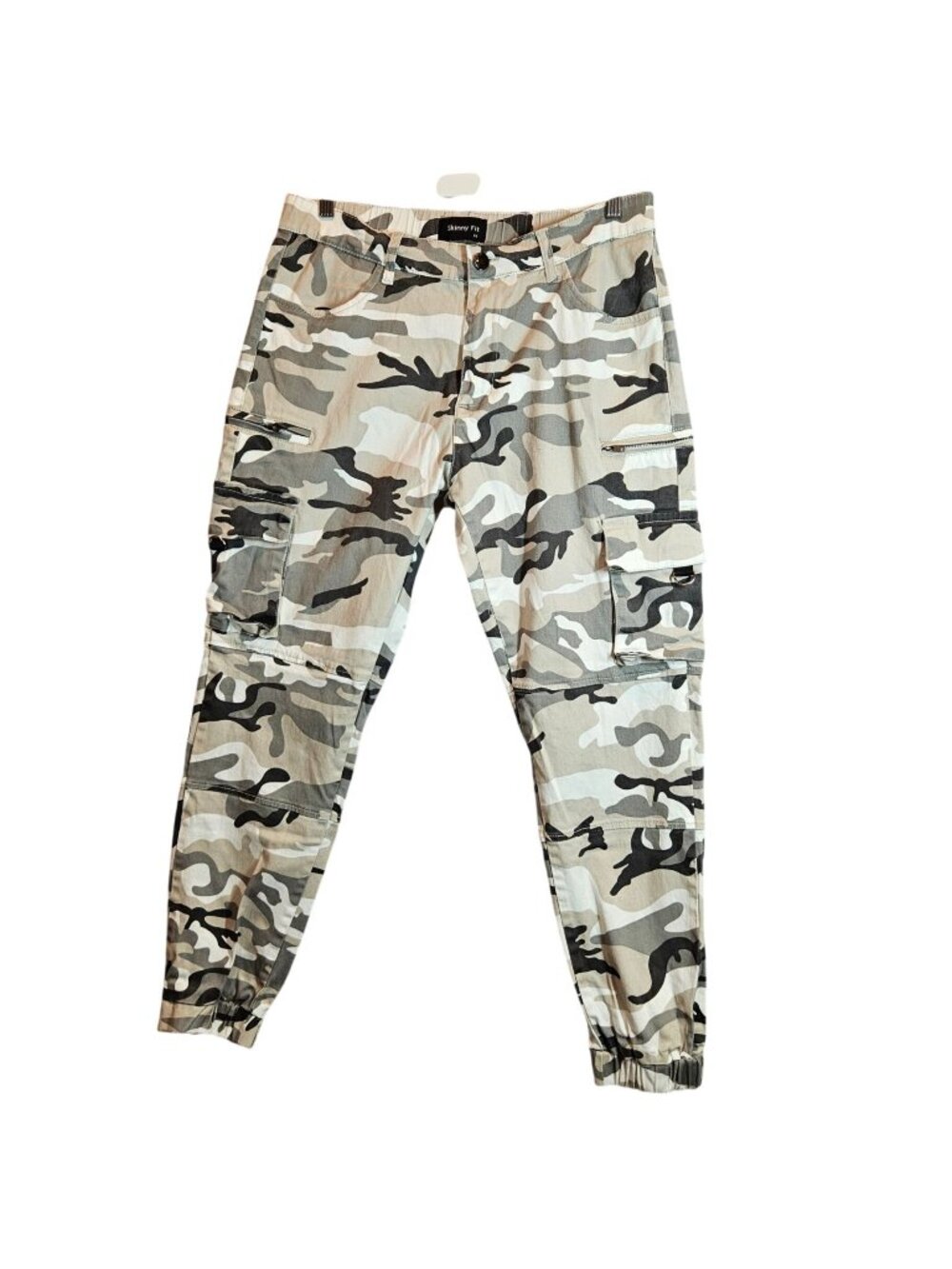 Skinny Fit Camo Cargo Pants Mens Size 34 With Multiple Pockets & Elasticized Ank